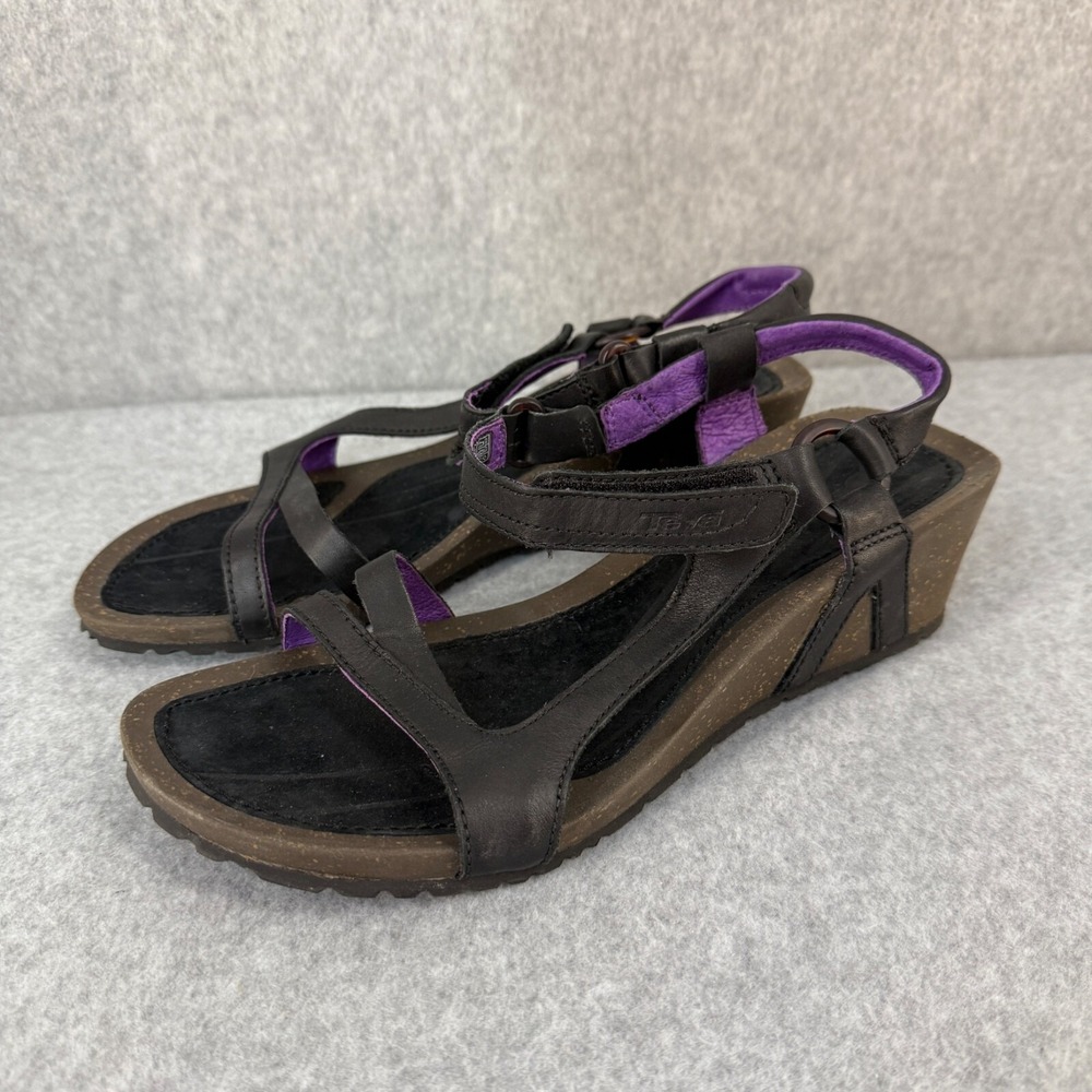Teva Womens 8 Leather Cabrillo Crossover Wedge Sandal Black Purple Strappy Shoes